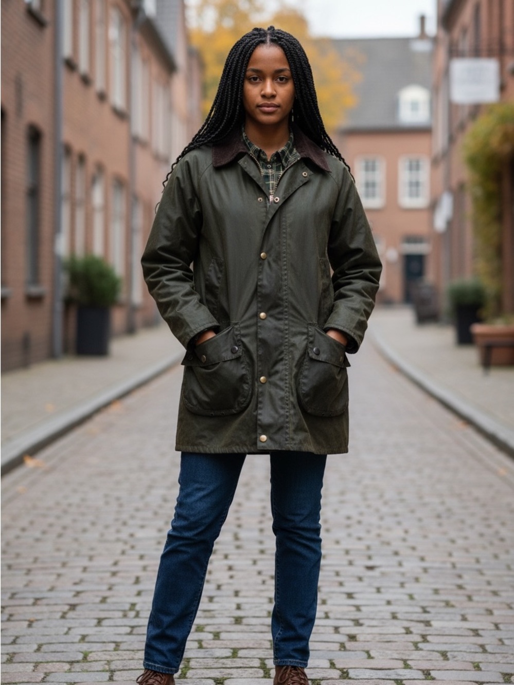 Vintage Barbour Olive Green Waxed Field Coat with Brown Corduroy Collar 1982